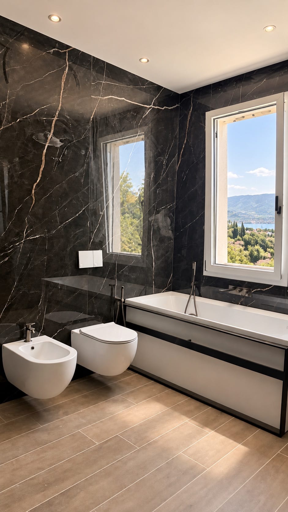 Bagno ristrutturato con rivestimento in marmo nero, vasca da bagno, sanitari sospesi e pavimento effetto legno