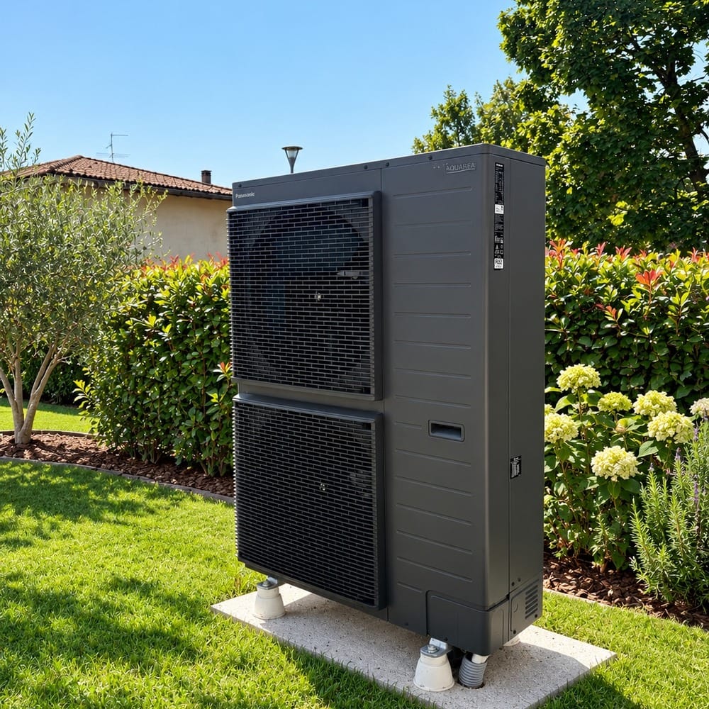 Unita esterna di pompa di calore Panasonic Aquarea installata su basamento in giardino