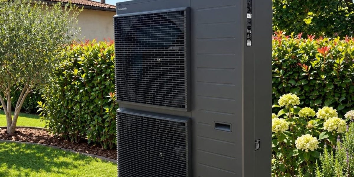 Unita esterna di pompa di calore Panasonic Aquarea installata su basamento in giardino